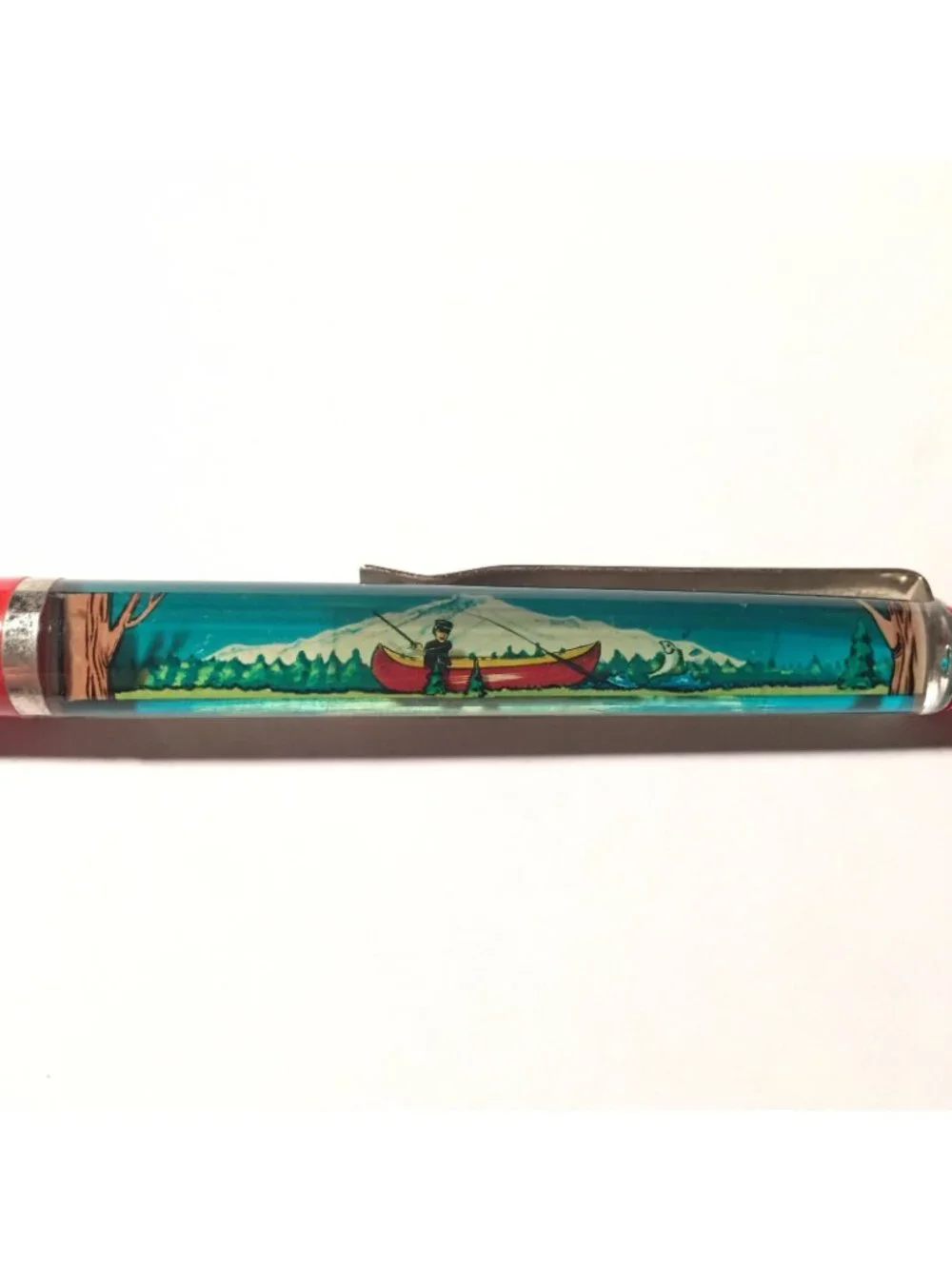 Beautiful Oregon Floaty Pen Fisherman Moves Past Lake Forest Mountains Souvenir